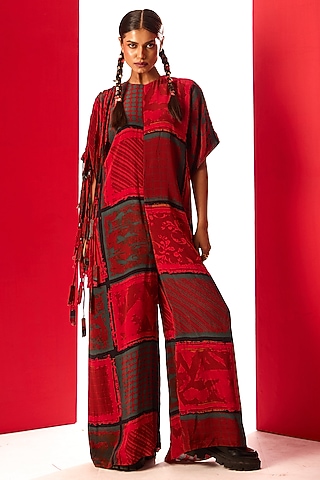Red Crepe Digital Printed Box Jumpsuit by Shristi Chetani