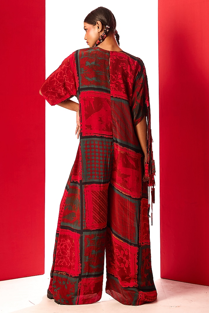 Red Crepe Digital Printed Box Jumpsuit by Shristi Chetani at Pernia's Pop Up Shop