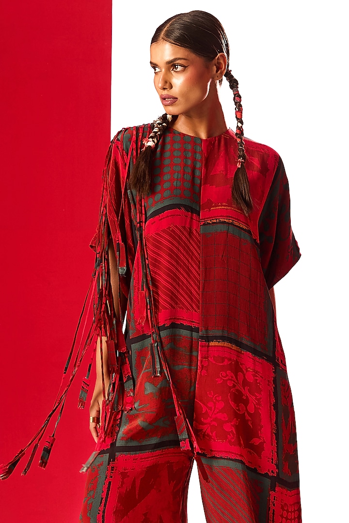 Red Crepe Digital Printed Box Jumpsuit by Shristi Chetani at Pernia's Pop Up Shop