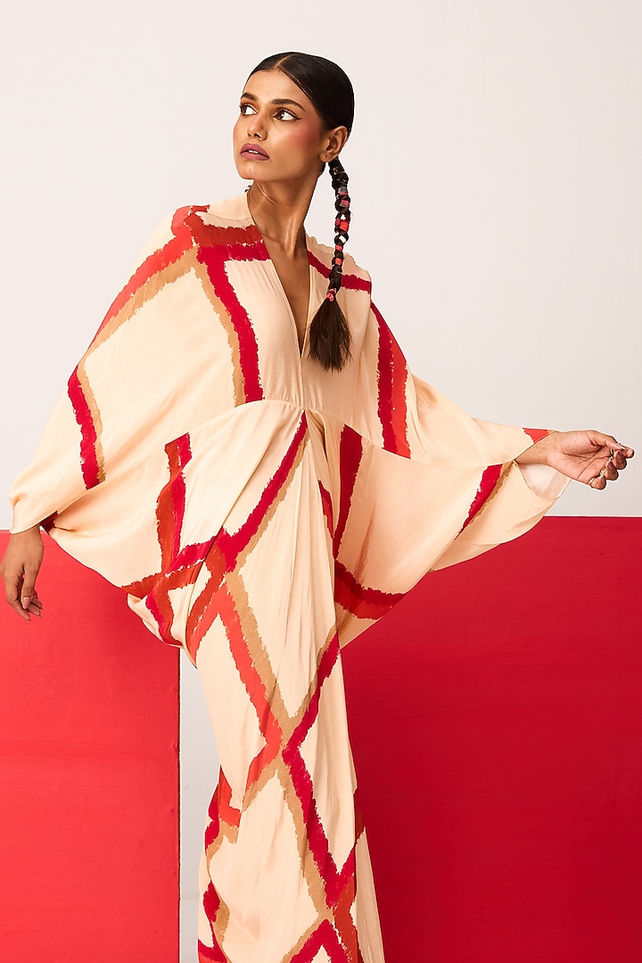 Beige Crepe Digital Printed Shift Summer Dress by Shristi Chetani at Pernia's Pop Up Shop