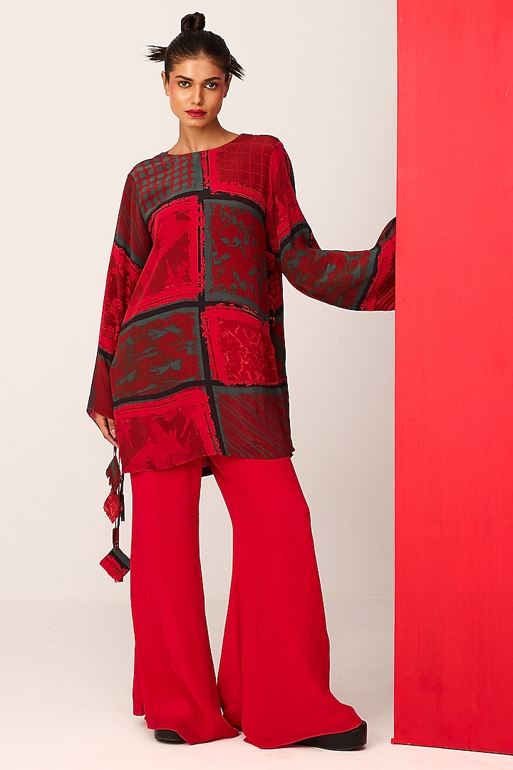 Red Crepe Flared Pant Set by Shristi Chetani