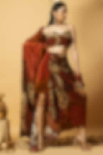 Red Brown Crepe Draped Skirt Set by Shristi Chetani