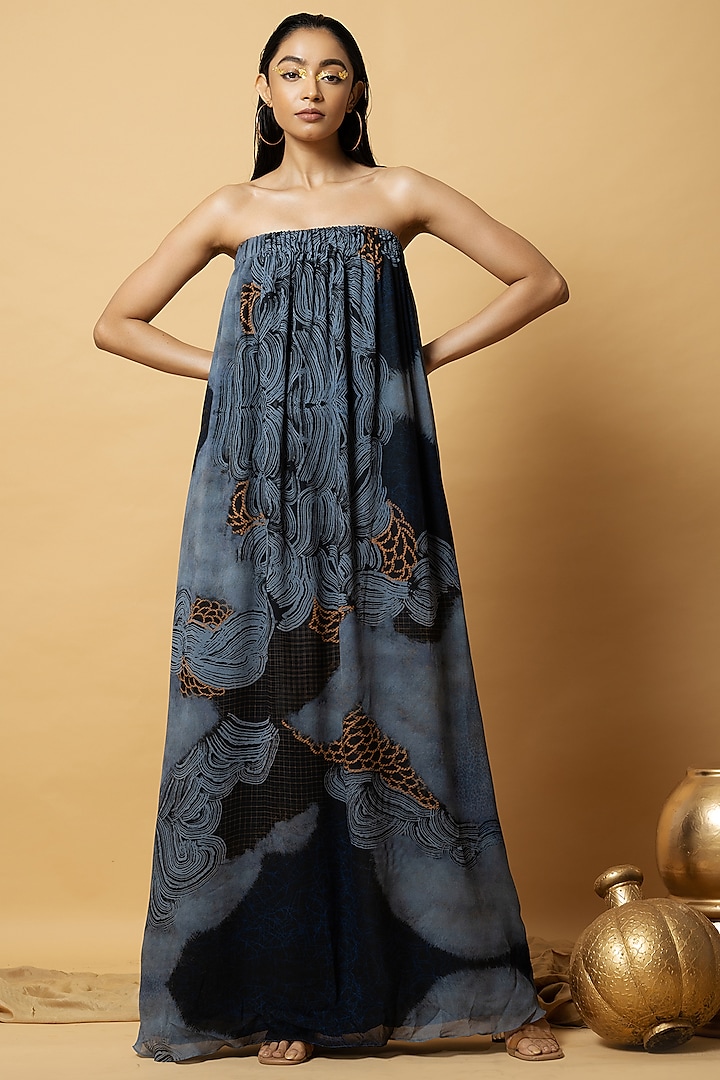 Blue Georgette Printed Off-Shoulder Dress by Shristi Chetani