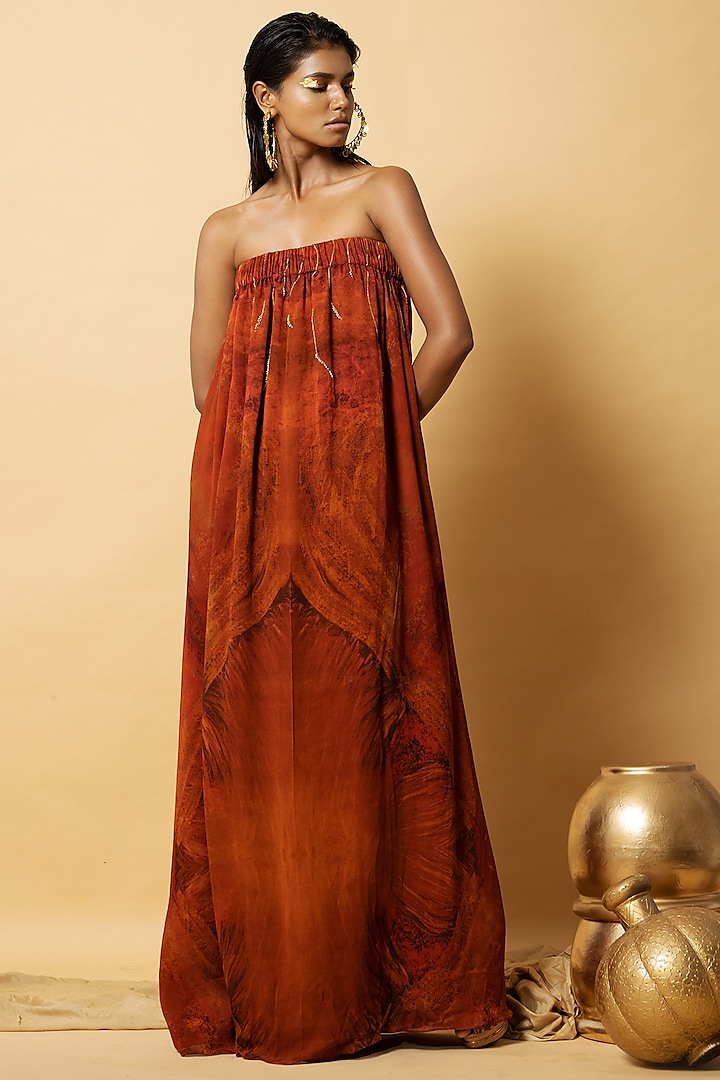 Orange Georgette Off-Shoulder Dress by Shristi Chetani
