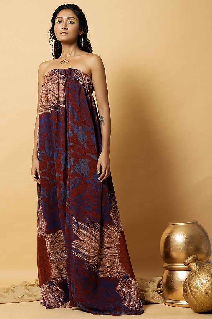 Multi-Colored Georgette Printed Off-Shoulder Dress by Shristi Chetani