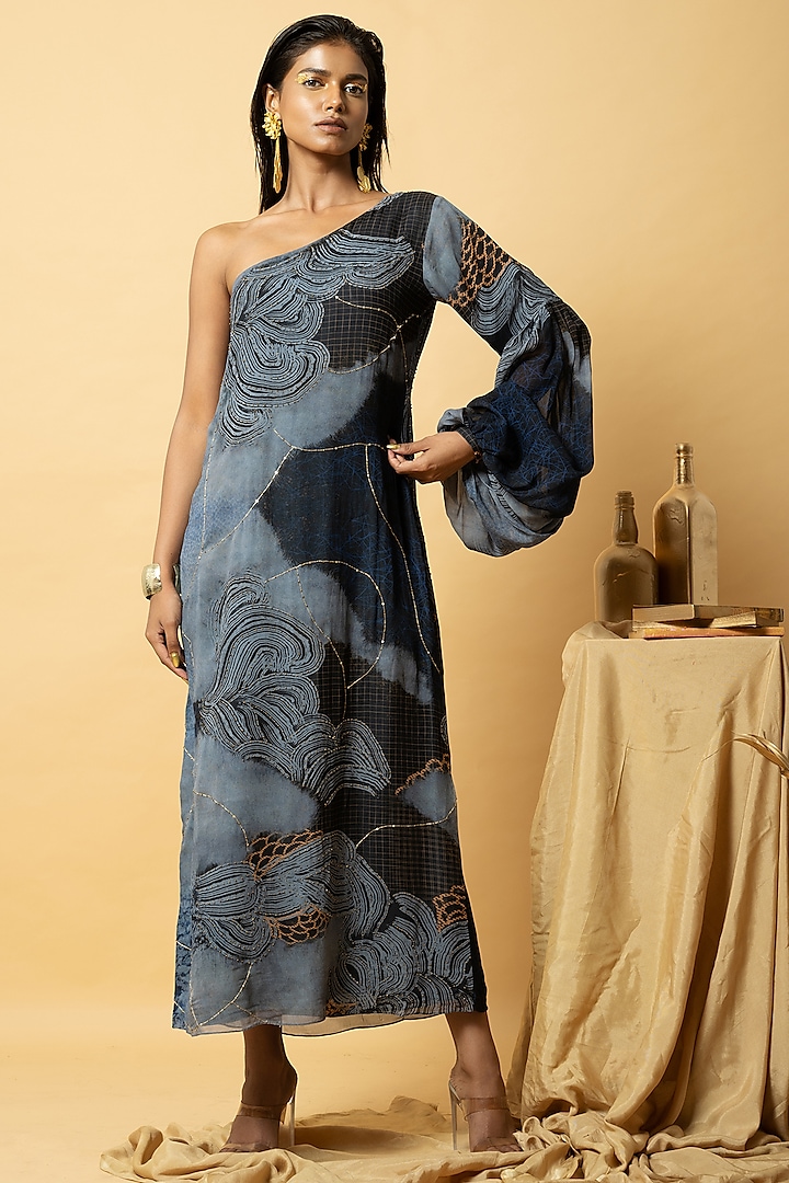 Blue Georgette One-Shoulder Dress by Shristi Chetani