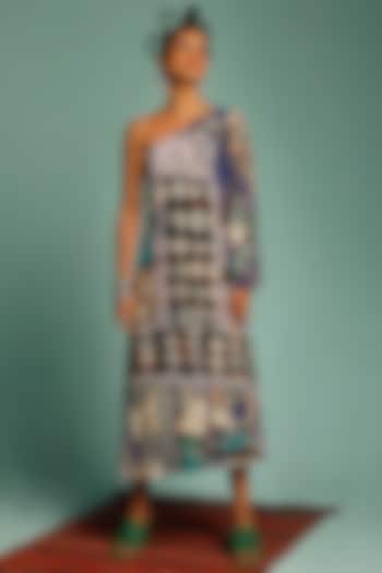 Blue Printed One Shoulder Dress With Belt by SHRISTI CHETANI