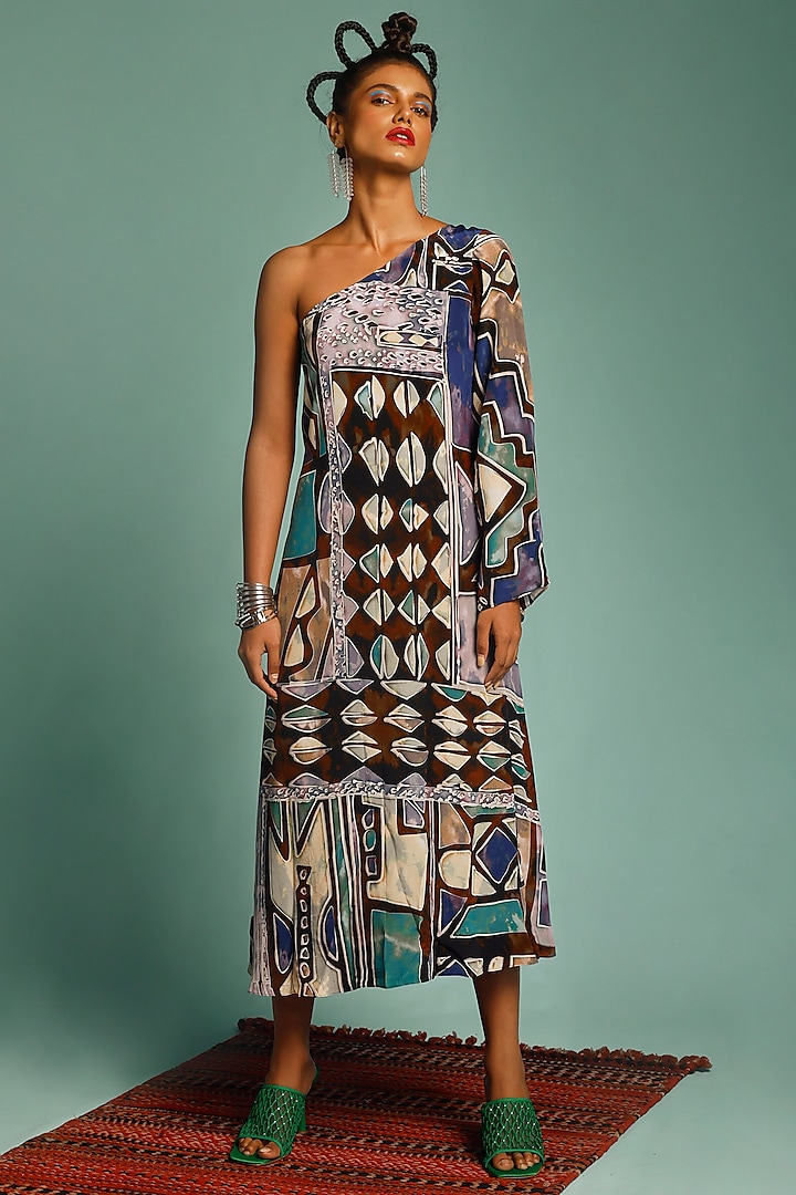 Blue Printed One Shoulder Dress With Belt by SHRISTI CHETANI