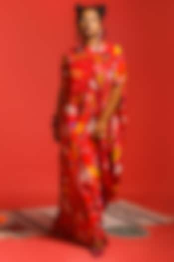 Red Printed Draped Dress by SHRISTI CHETANI