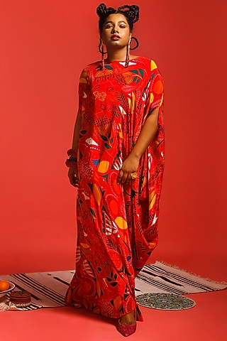 Red Printed Draped Dress by SHRISTI CHETANI
