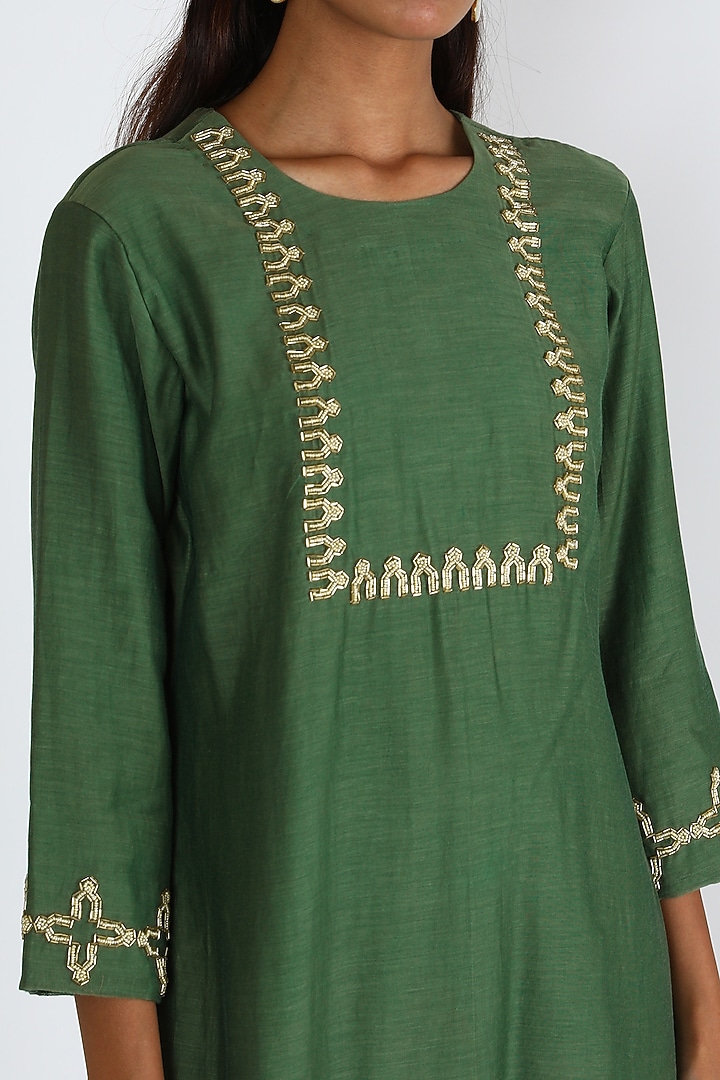 Green Chinon Kurta With Zardosi Moti Work On Neckline And Sleeves main image 1