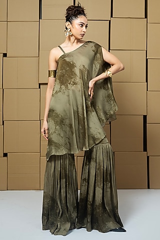 Multi-Colored Bemberg Satin Organza Abstract Printed Sharara Set by Shristi Chetani