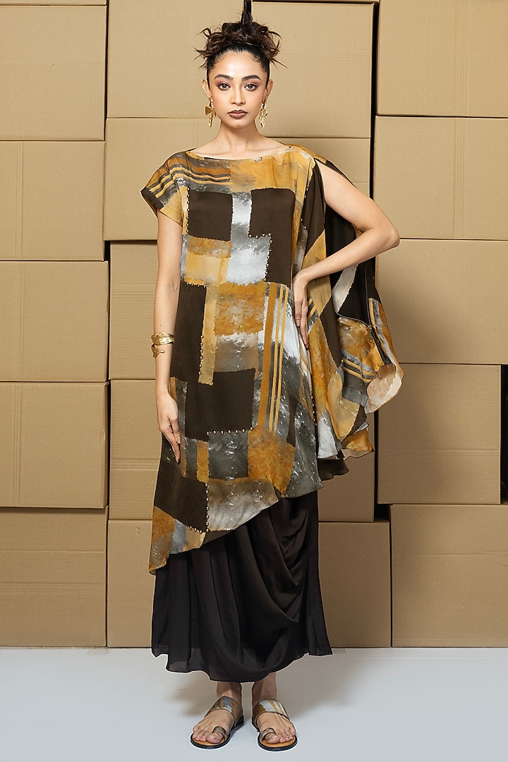 Multi-Colored Bemberg Satin Organza Abstract Printed Cape Cowl Vacation Dress by Shristi Chetani at Pernia's Pop Up Shop