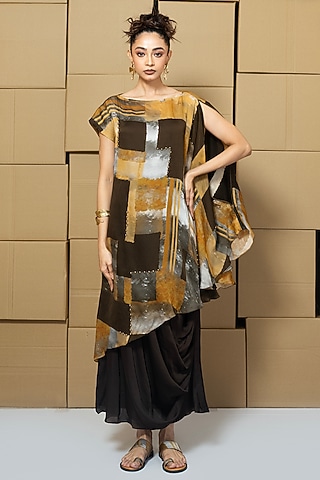 Multi-Colored Bemberg Satin Organza Abstract Printed Cape Cowl Dress by Shristi Chetani