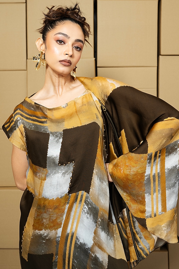 Multi-Colored Bemberg Satin Organza Abstract Printed Cape Cowl Vacation Dress by Shristi Chetani at Pernia's Pop Up Shop