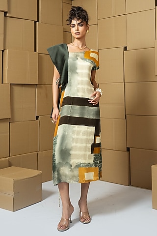 Multi-Colored Bemberg Satin Organza Abstract Printed Dress by Shristi Chetani