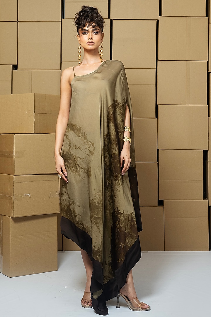 Multi-Colored Bemberg Satin Organza Abstract Printed One-Shoulder Summer Dress by Shristi Chetani at Pernia's Pop Up Shop