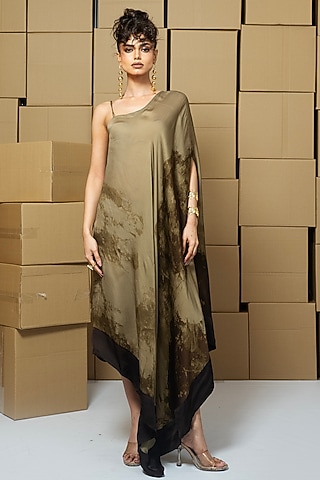 Multi-Colored Bemberg Satin Organza Abstract Printed One-Shoulder Dress by Shristi Chetani