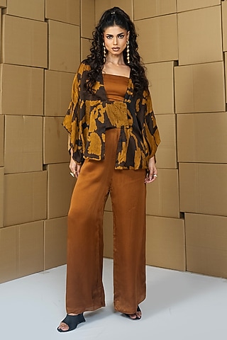 Multi-Colored Bemberg Satin Organza Abstract Printed Jacket Set by Shristi Chetani