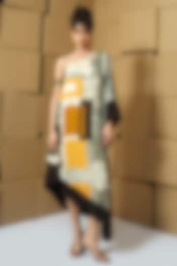 Multi-Colored Taffeta Abstract Printed One-Shoulder Midi Summer Dress by Shristi Chetani at Pernia's Pop Up Shop