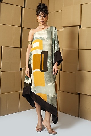 Multi-Colored Taffeta Abstract Printed One-Shoulder Midi Dress by Shristi Chetani