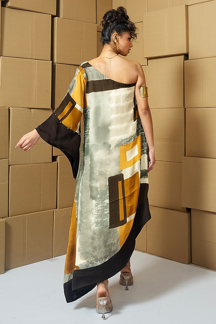 Multi-Colored Taffeta Abstract Printed One-Shoulder Midi Summer Dress by Shristi Chetani at Pernia's Pop Up Shop