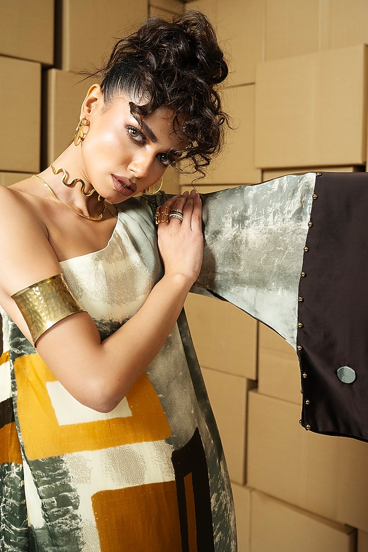 Multi-Colored Taffeta Abstract Printed One-Shoulder Midi Summer Dress by Shristi Chetani at Pernia's Pop Up Shop
