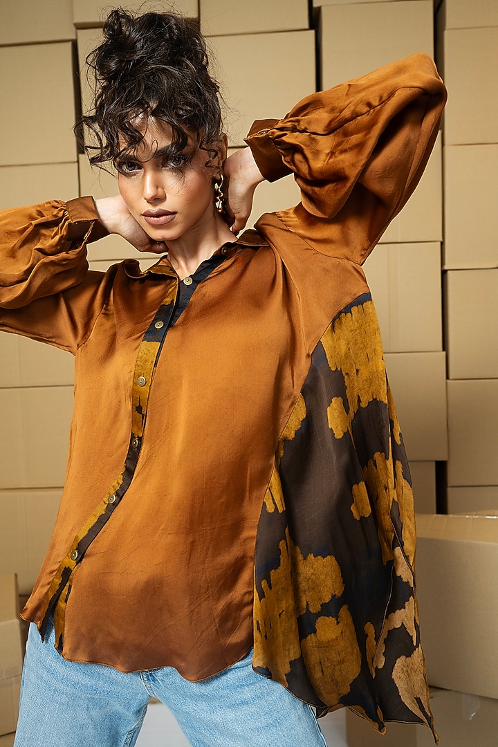 Multi-Colored Bemberg Satin Organza Patchwork Asymmetrical Shirt by Shristi Chetani at Pernia's Pop Up Shop