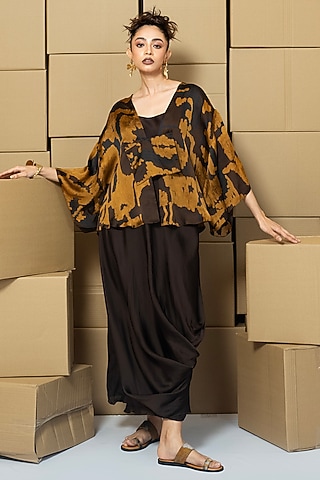 Multi-Colored Bemberg Satin Organza Abstract Printed Jacket Dress by Shristi Chetani