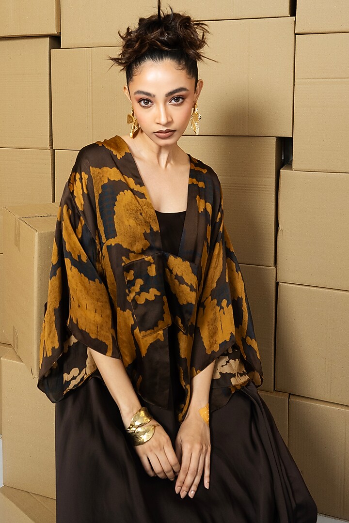 Multi-Colored Bemberg Satin Organza Abstract Printed Jacket Vacation Dress by Shristi Chetani at Pernia's Pop Up Shop