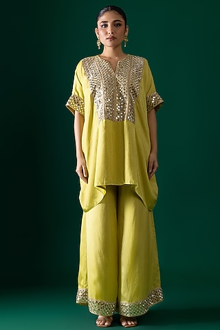 Yellow Bemberg Satin Organza Mirror Embroidered Kurta Set by Shristi Chetani