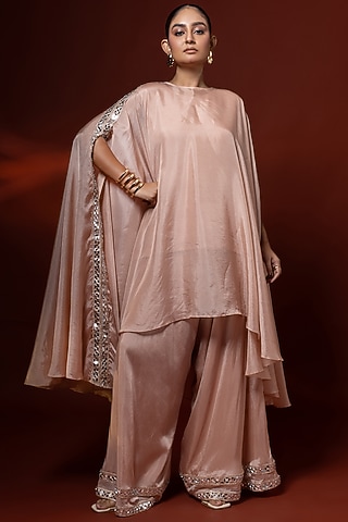 Pink Bemberg Satin Organza Mirror Embroidered Kurta Set by Shristi Chetani