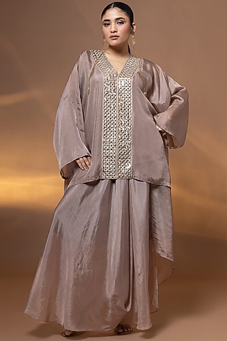 Mauve Bemberg Satin Organza Skirt Set by Shristi Chetani