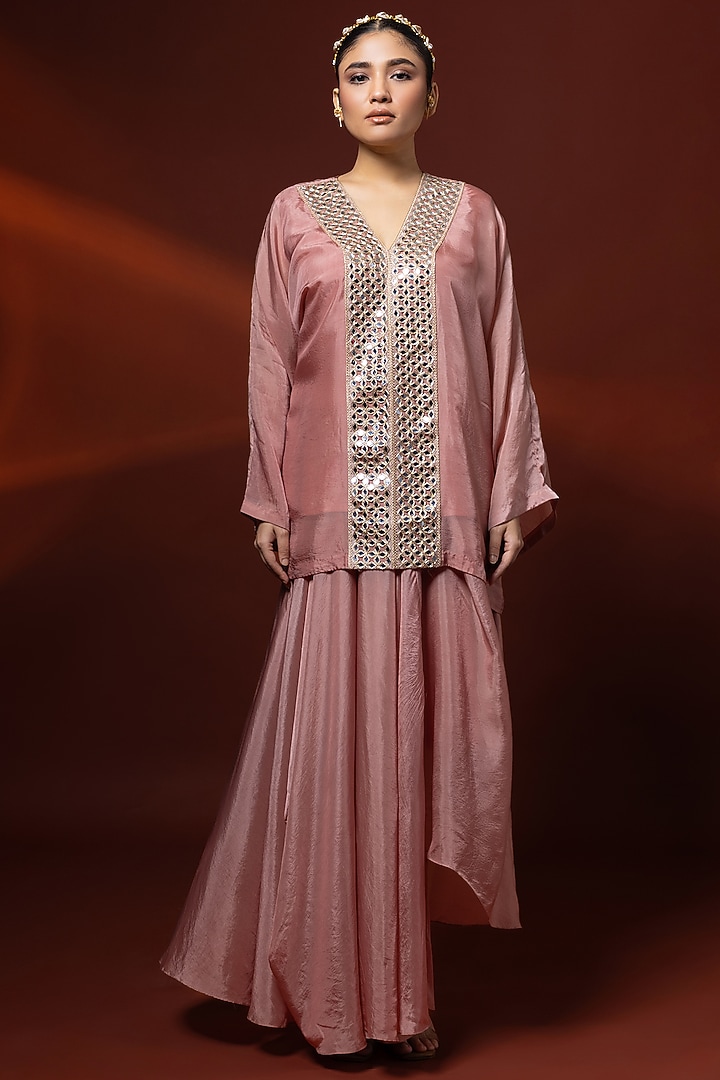 Baby Pink Bemberg Satin Organza Draped Skirt Set by Shristi Chetani at Pernia's Pop Up Shop