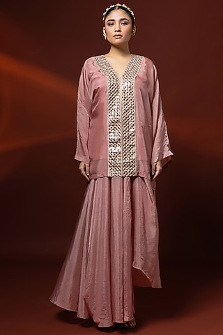 Baby Pink Bemberg Satin Organza Draped Skirt Set by Shristi Chetani