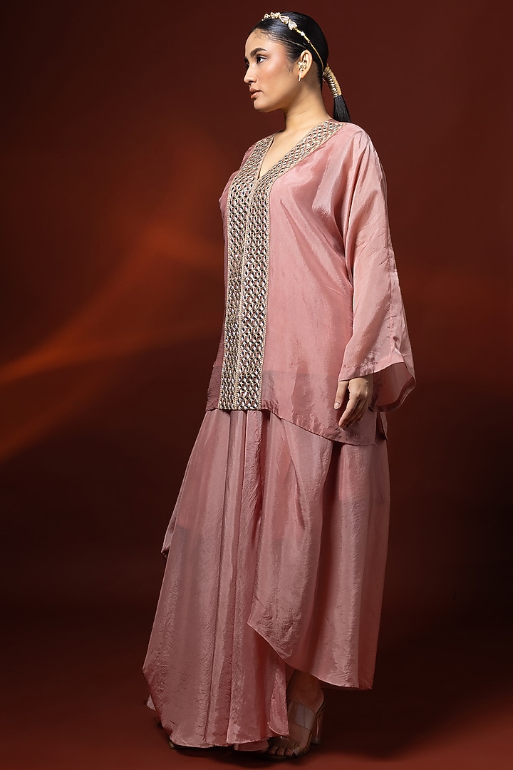 Baby Pink Bemberg Satin Organza Draped Skirt Set by Shristi Chetani at Pernia's Pop Up Shop