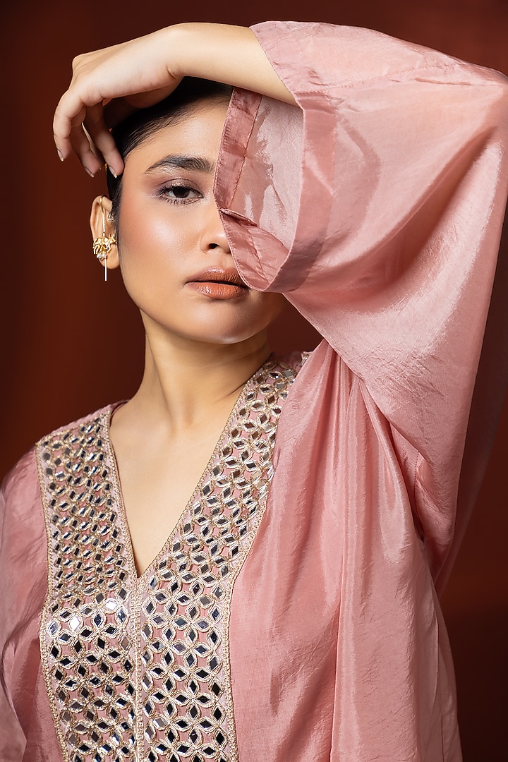 Baby Pink Bemberg Satin Organza Draped Skirt Set by Shristi Chetani at Pernia's Pop Up Shop