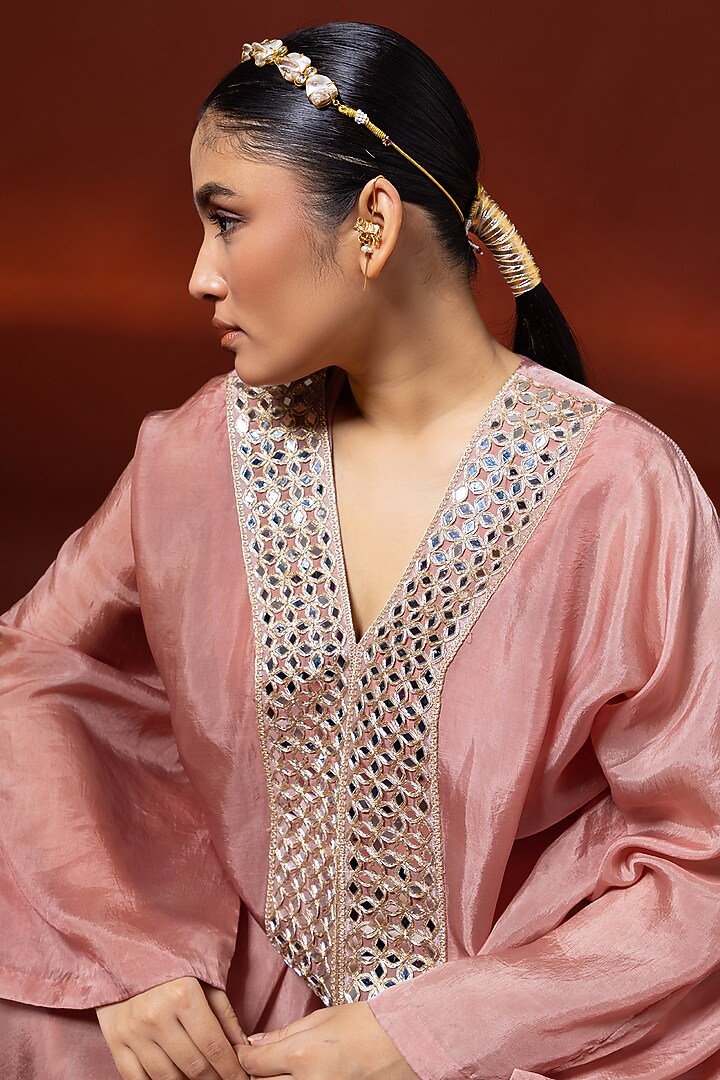 Baby Pink Bemberg Satin Organza Draped Skirt Set by Shristi Chetani at Pernia's Pop Up Shop
