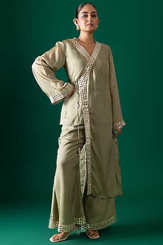 Green Bemberg Satin Organza Mirror Embroidered Kurta Set by Shristi Chetani