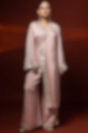 Pink Bemberg Satin Organza Mirror Embroidered Angrakha Kurta Set by Shristi Chetani at Pernia's Pop Up Shop