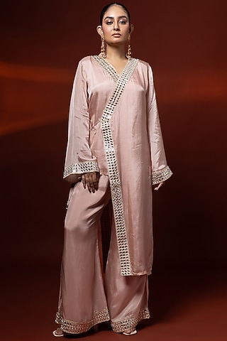 Pink Bemberg Satin Organza Mirror Embroidered Angrakha Kurta Set by Shristi Chetani