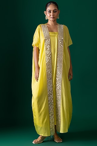 Yellow Bemberg Satin Organza Mirror Embroidered Kurta Set by Shristi Chetani