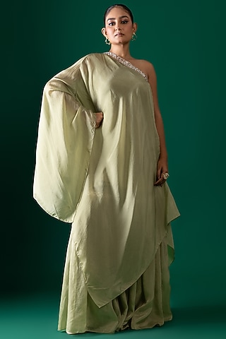 Green Bemberg Satin Organza Sharara Set by Shristi Chetani