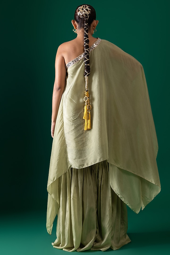 Green Bemberg Satin Organza Sharara Set by Shristi Chetani at Pernia's Pop Up Shop