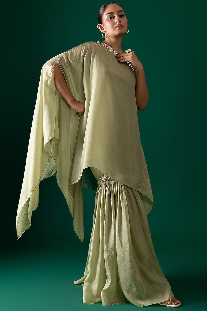 Green Bemberg Satin Organza Sharara Set by Shristi Chetani at Pernia's Pop Up Shop