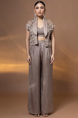 Mauve Bemberg Satin Organza Pant Set by Shristi Chetani