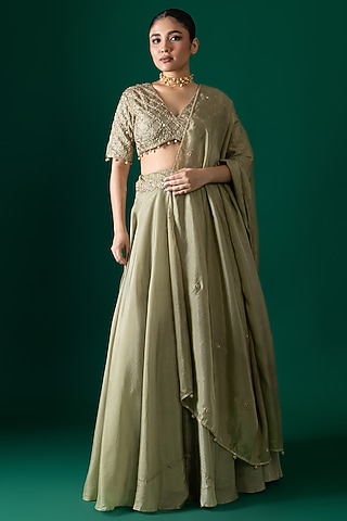 Green Habutai Silk Lehenga Set by Shristi Chetani