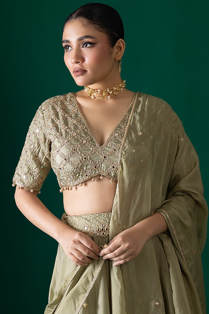 Green Habutai Silk Wedding Lehenga Set by Shristi Chetani at Pernia's Pop Up Shop