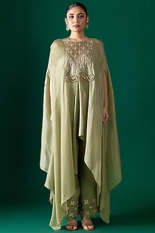 Green Habutai Silk Mirror Embroidered Cape Kurta Set by Shristi Chetani