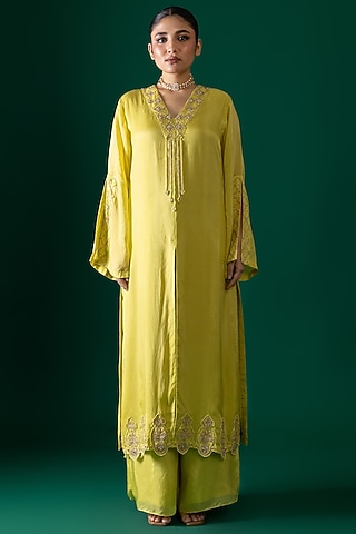 Yellow Habutai Silk Mirror Embroidered Kurta Set by Shristi Chetani